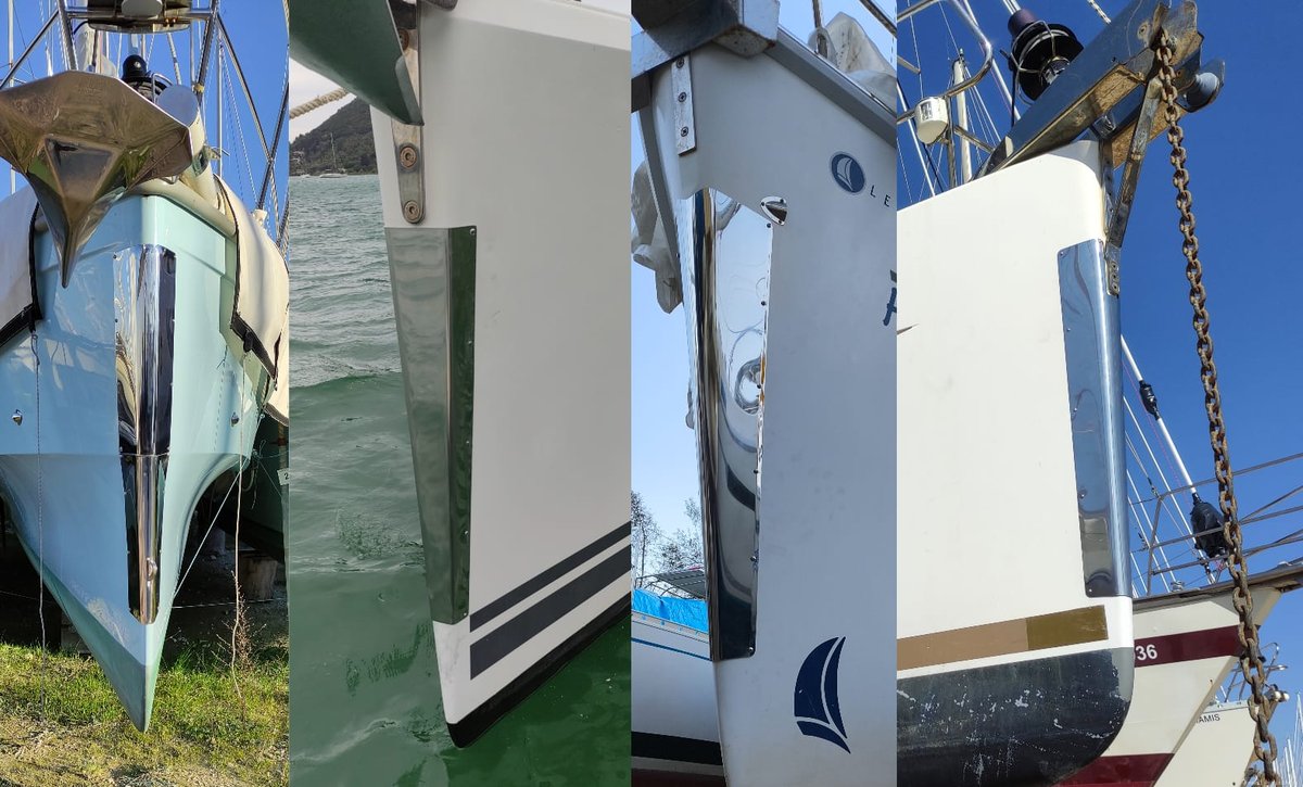 Polished stainless bow protection on four yacht bows