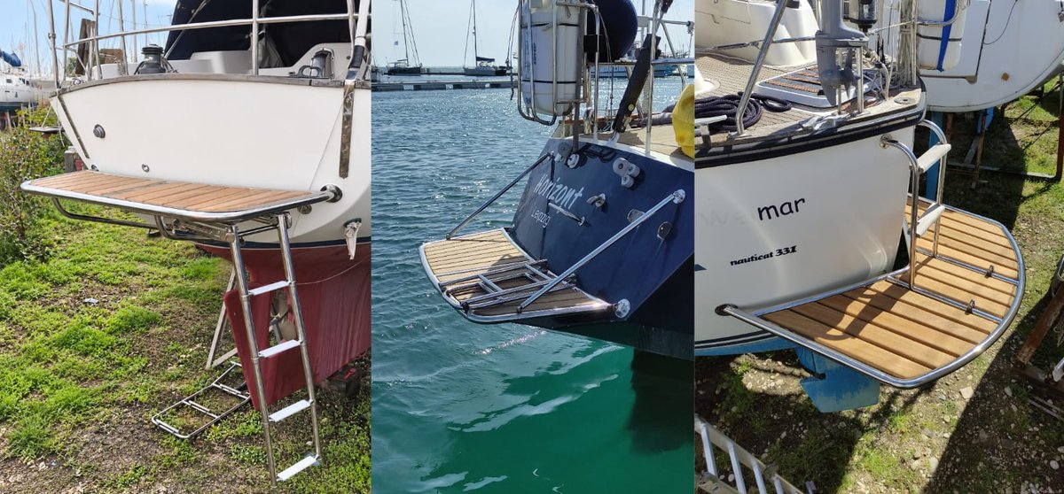 Stainless swim platforms with teak tread, folding and fixed