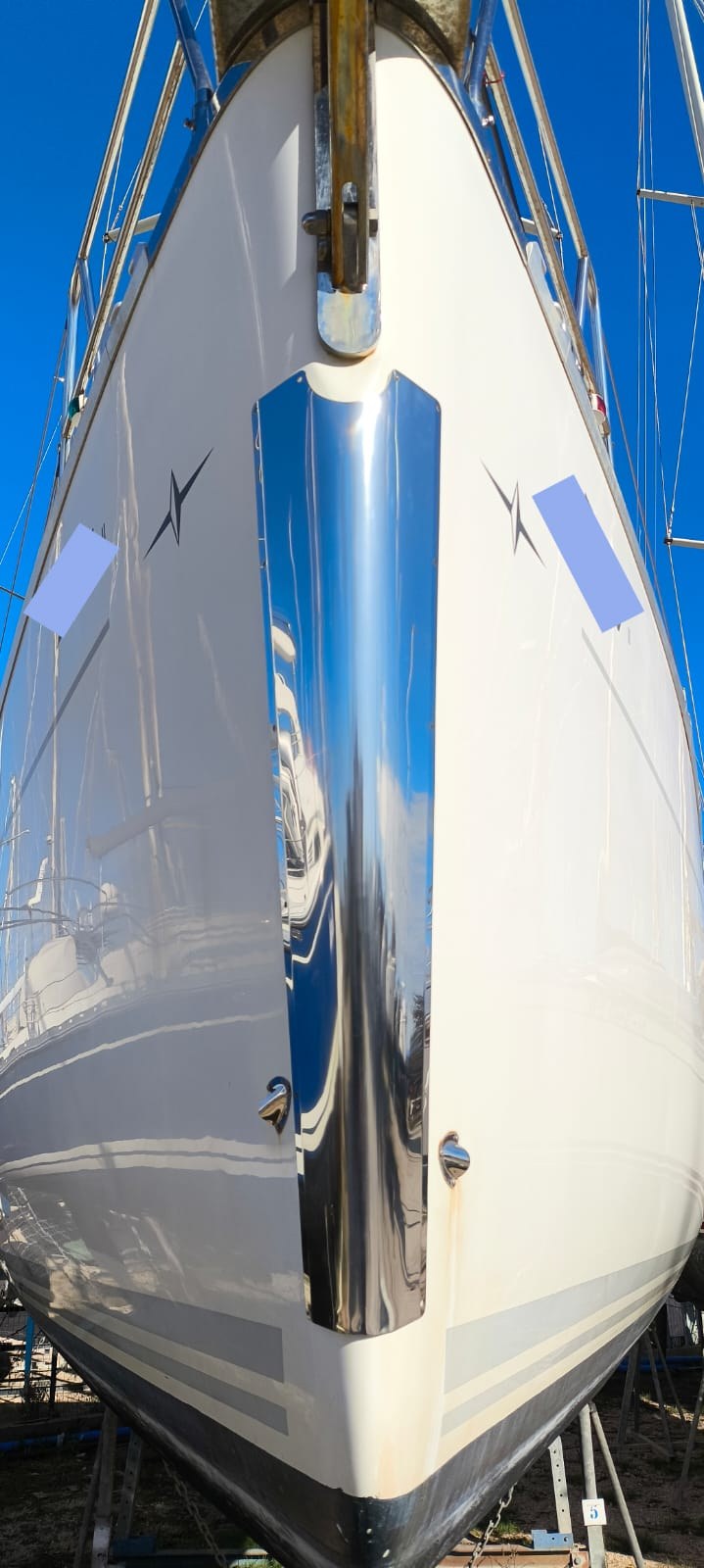 Polished stainless bow protection fitted to a Bavaria Cruiser 41