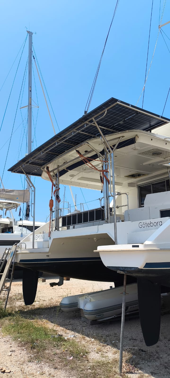 Stainless solar arch on a catamaran