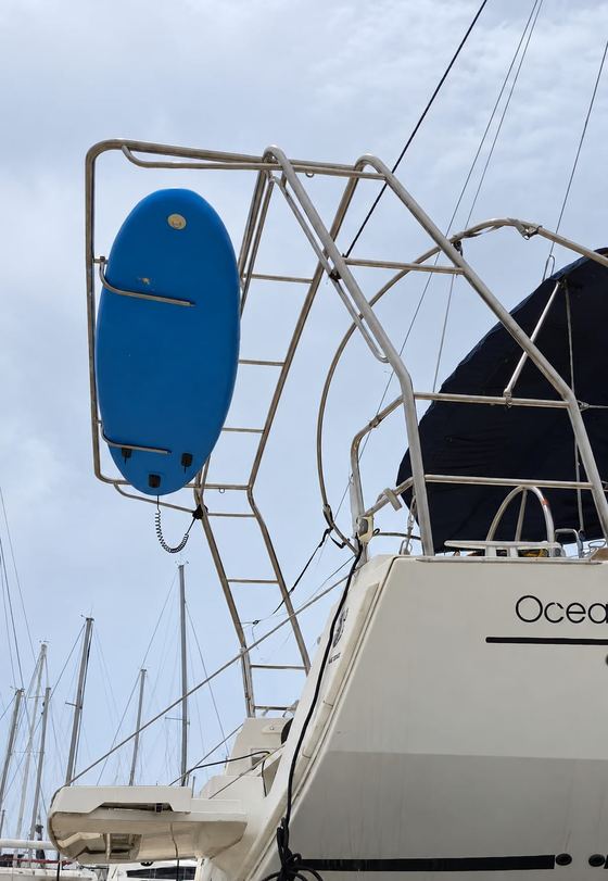 Stainless pushpit with liferaft cradle